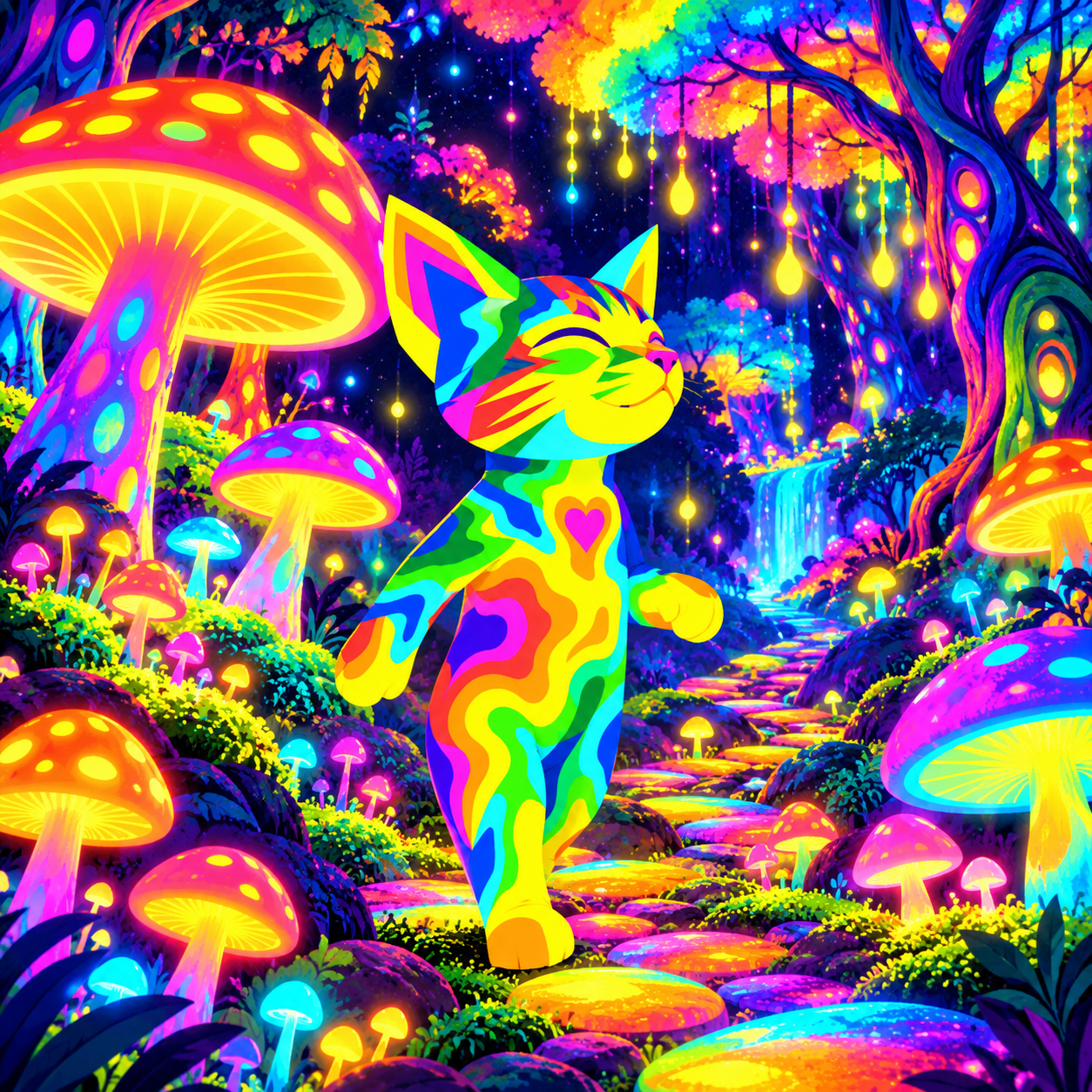 Meowtrip exploring a magical forest of glowing mushrooms