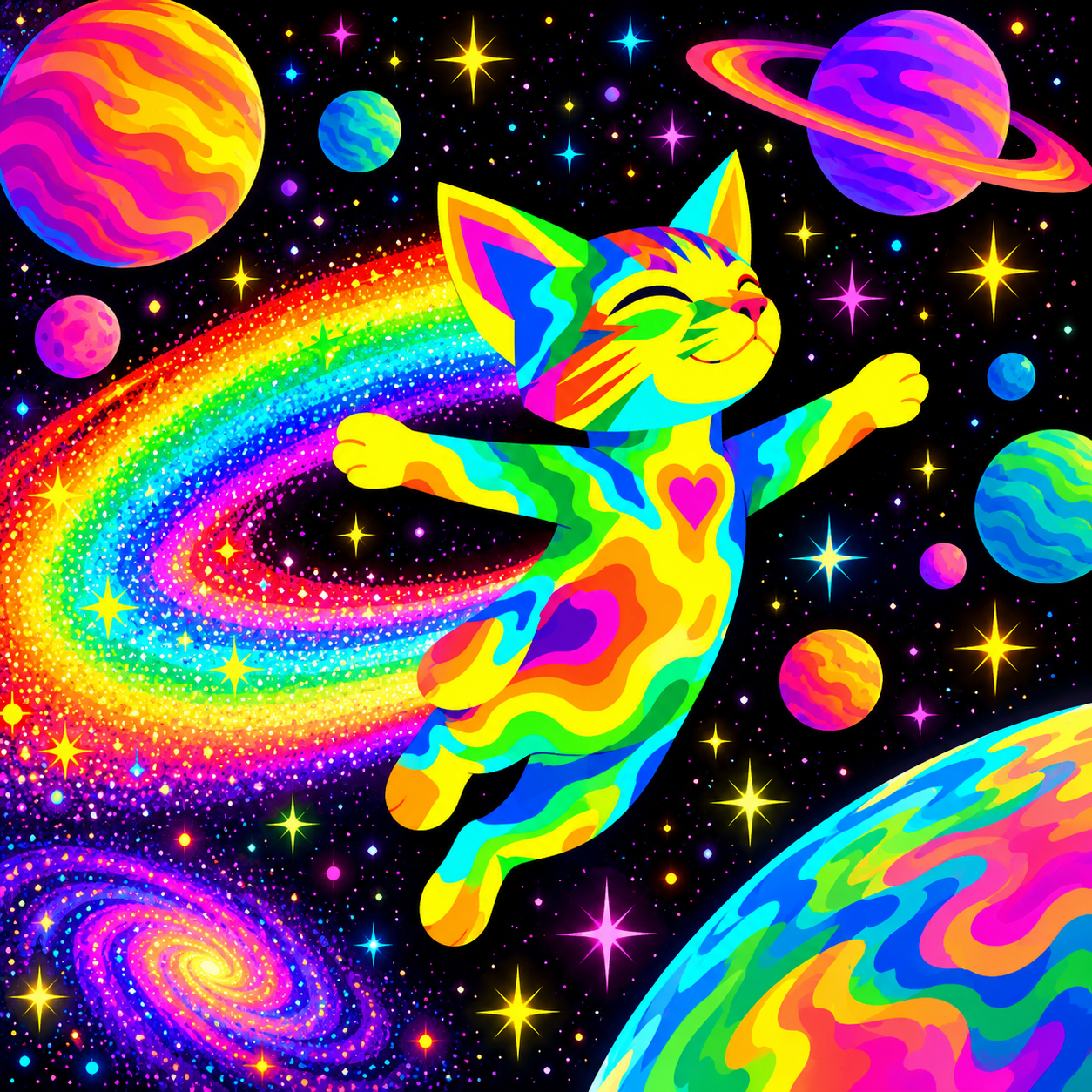 Rainbow Meowtrip cat floating through colorful planets