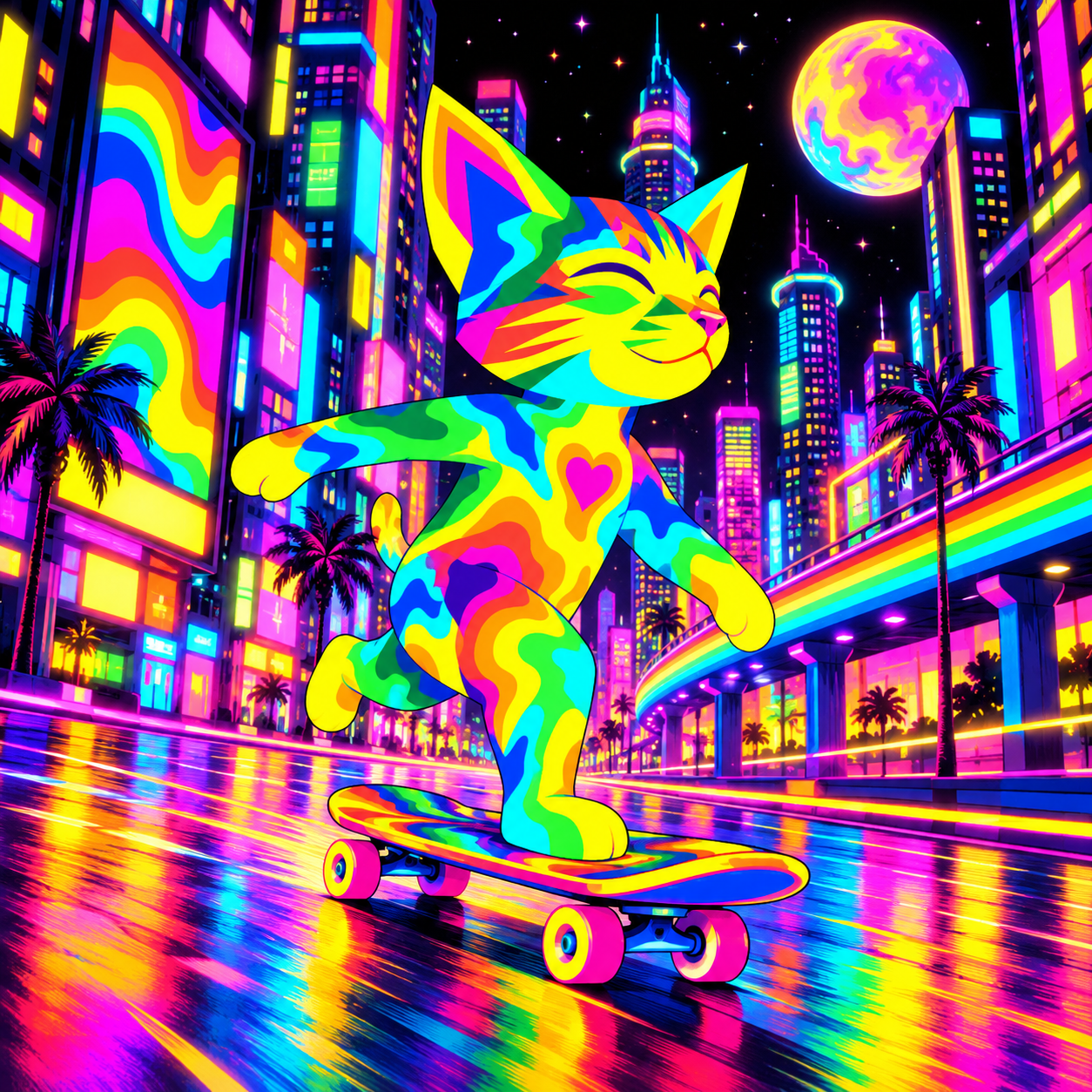 Meowtrip riding a rainbow skateboard through a neon city