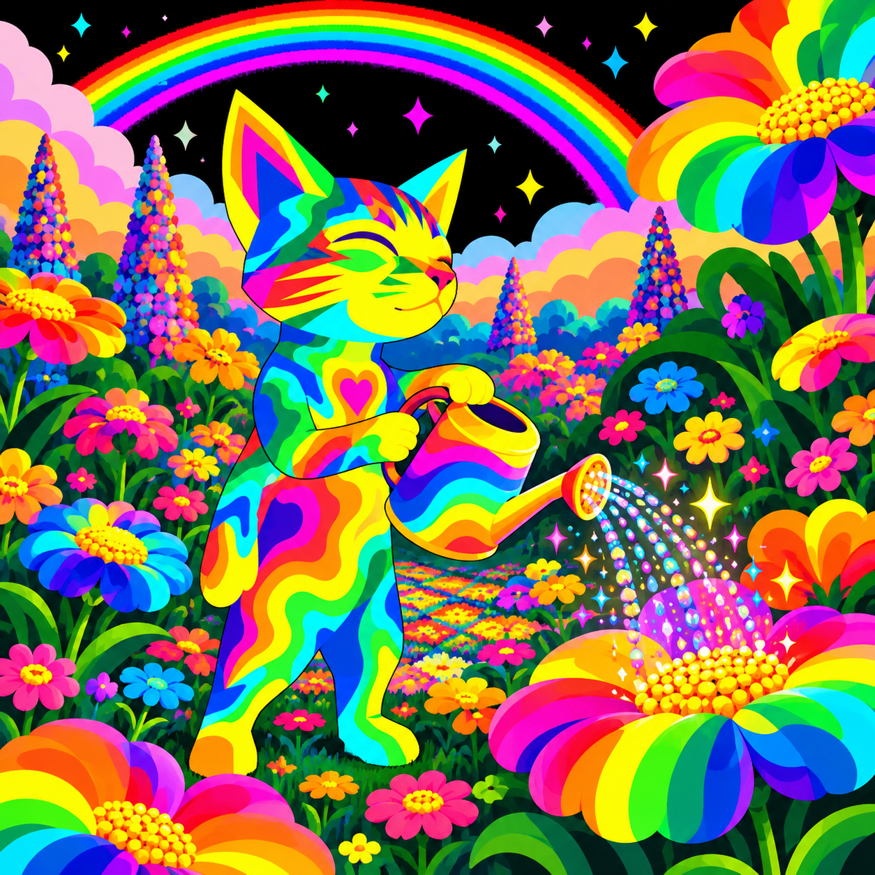 Meowtrip watering rainbow flowers in a vibrant garden